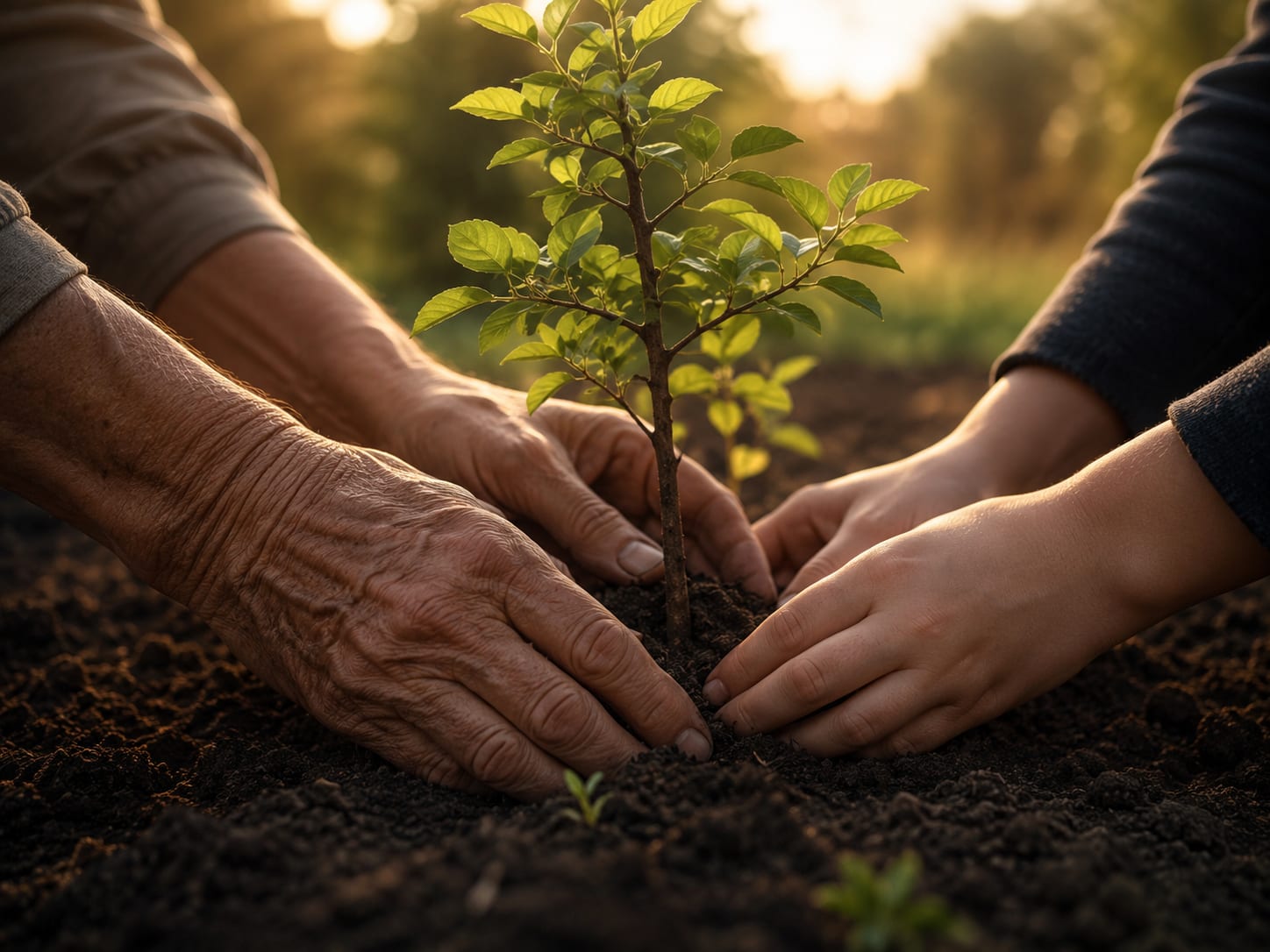 Hands planting a young tree at golden hour