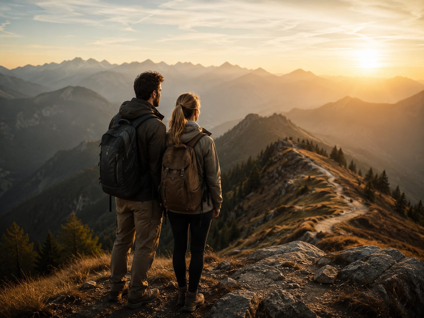 Hikers pausing at golden hour to look at the path ahead